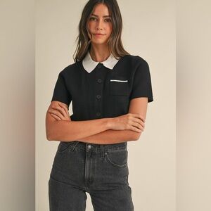 MABLE Button Down Contrast Collared Knit Cardigan